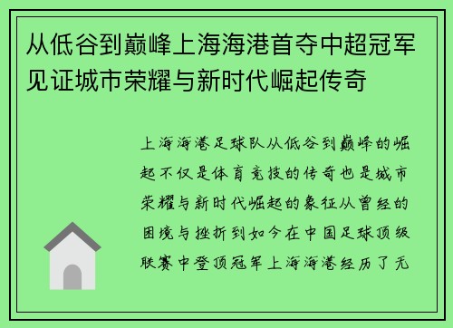 从低谷到巅峰上海海港首夺中超冠军见证城市荣耀与新时代崛起传奇