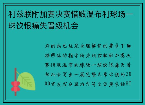利兹联附加赛决赛惜败温布利球场一球饮恨痛失晋级机会